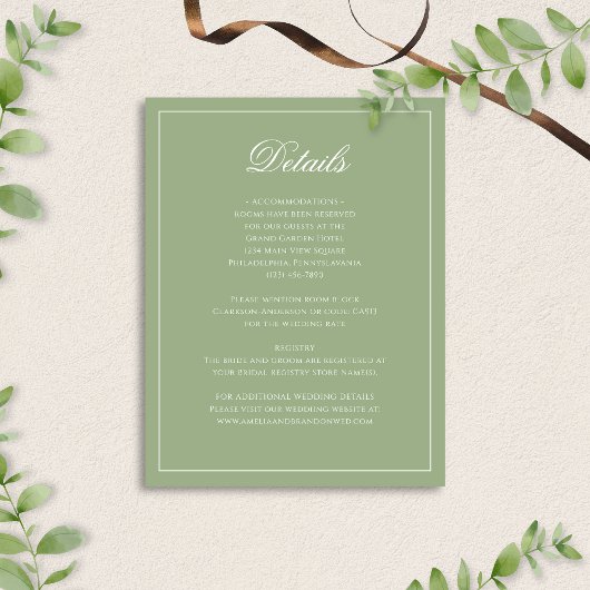 Classic Sage Green & White Border Wedding Details Begleitkarte