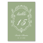 Classic Sage Green & White Floral Crest Wedding Tischnummer (Vorderseite)