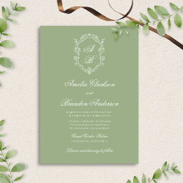 Classic Sage Green & White Monogram Crest Wedding Einladung