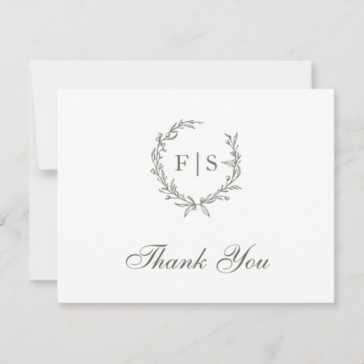 Classic Sage Green Wreath Monogram Danke Card Mitteilungskarte (Vorderseite)