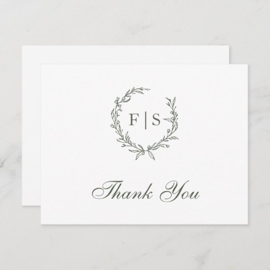 Classic Sage Green Wreath Monogram Danke Card Mitteilungskarte (Vorne/Hinten)