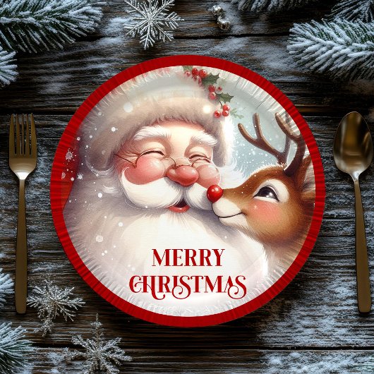 Classic Santa and Rudolph Kids Christmas Plates Pappteller