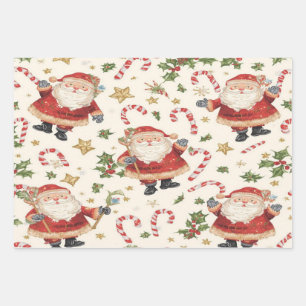 Classic Santa Candy Canes Christmas Patter Geschenkpapier Set
