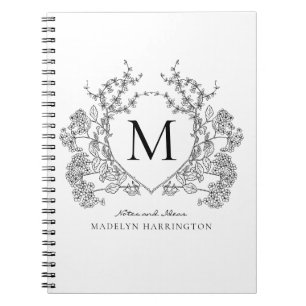 Classic Schwarz-weiß Floral Wappen Monogram Notebo Notizblock