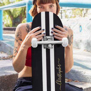 Classic Schwarz-weiß Gold Monogram Racing Stripes Skateboard