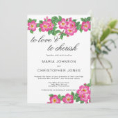 Classic script bright pink green floral wedding einladung (Stehend Vorderseite)
