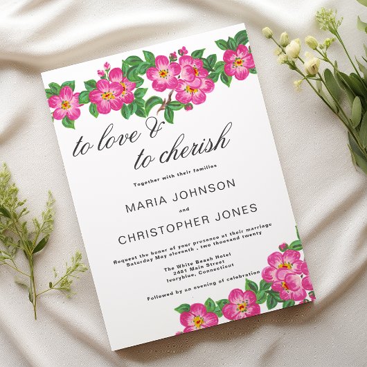 Classic script bright pink green floral wedding einladung