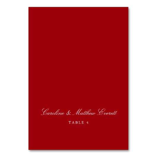 Classic Script Elegant Custom Names Red Place Card Tischnummer (Vorderseite)