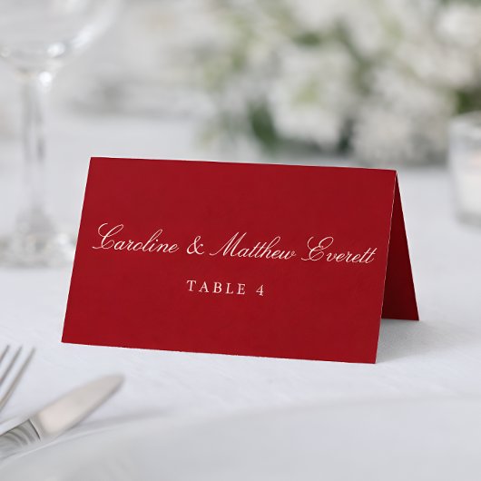 Classic Script Elegant Custom Names Red Place Card Tischnummer