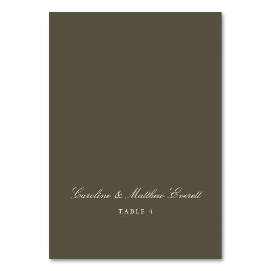 Classic Script Elegant Custom Olive Place Card Tischnummer (Vorderseite)