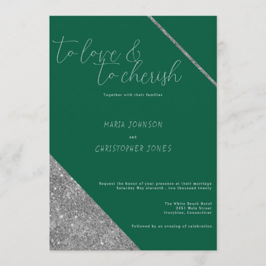 Classic script silver glitter jade green wedding einladung (Vorderseite)