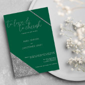 Classic script silver glitter jade green wedding einladung