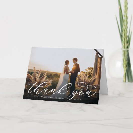 Classic Script Wedding Foto Danke Karte (Vorderseite)