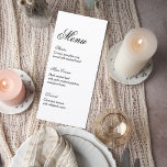 Classic Script Wedding Reception Menu Menükarte<br><div class="desc">Present your wedding meal with timeless elegance using this classic wedding menu card design. Featuring a graceful script “Menu” header paired with refined typography, this minimalist layout creates a sophisticated presentation that complements formal and romantic wedding décor. The clean structure highlights each course—starter, main course, and dessert—allowing guests to easily...</div>