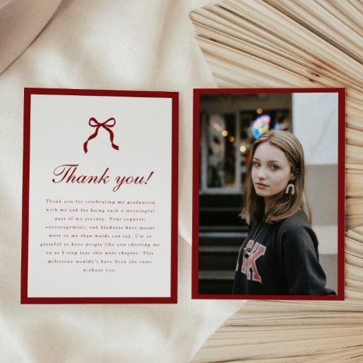Classic Script Wine Red Coquette Graduation Photo Dankeskarte