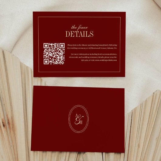 Classic Script Wine Red QR Code Wedding Details Begleitkarte