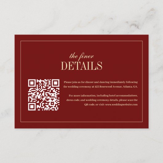 Classic Script Wine Red QR Code Wedding Details Begleitkarte (Vorderseite)