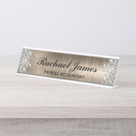 Classic Silver Glitzer Imitats Gold Foil Schreibtischnamensplakette (Vorderseite )
