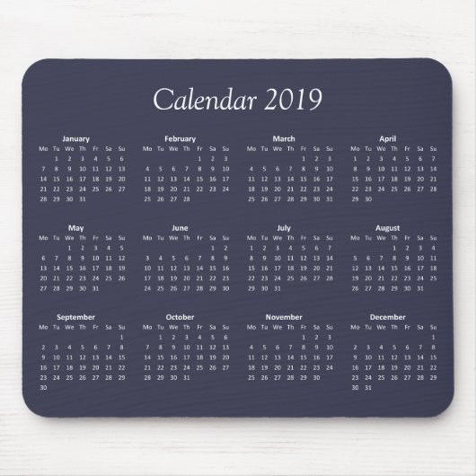 Classic Simple Blue and White 2019 Calendar Mousepad (Vorne)