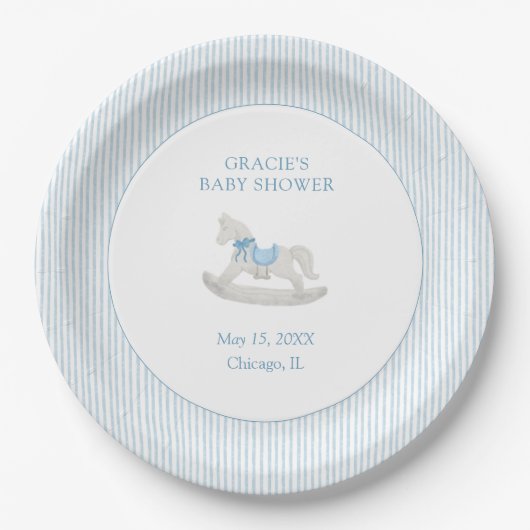 Classic Simple Blue Rocking Horse Boy Baby Shower Pappteller (Vorderseite)