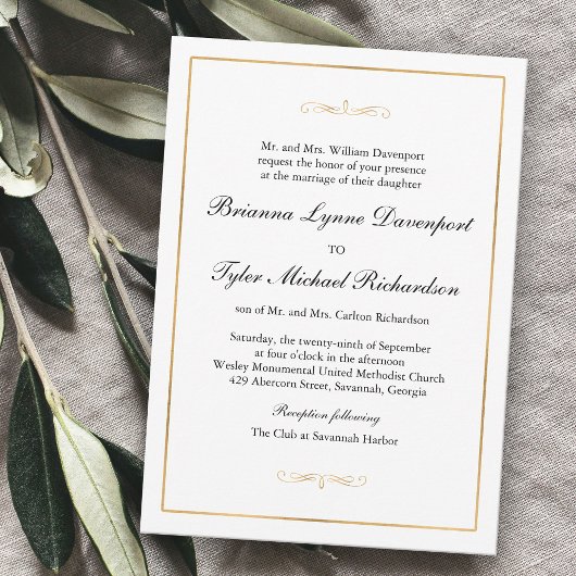 Classic Simple Elegance Gold Border Wedding Einladung