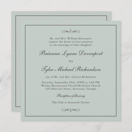 Classic Simple Elegance Sage Green Square Hochzeit Einladung (Vorne/Hinten)