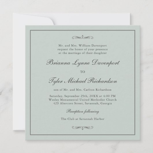 Classic Simple Elegance Sage Green Square Hochzeit Einladung (Vorderseite)