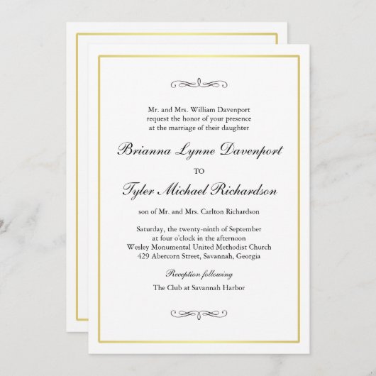 Classic Simple Elegance Wedding Gold Border Einladung (Vorne/Hinten)