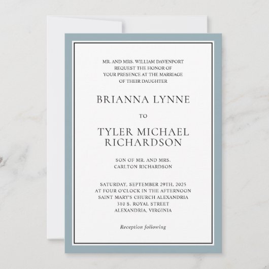 Classic Simple Elegant Dusty Blue Edging Wedding Einladung (Vorderseite)