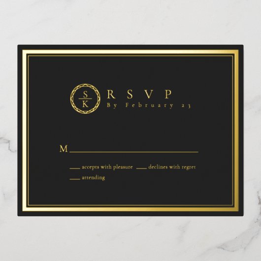 Classic Simple Elegant Gold Black Wedding RSVP Folie Einladungspostkarte (Vorderseite)