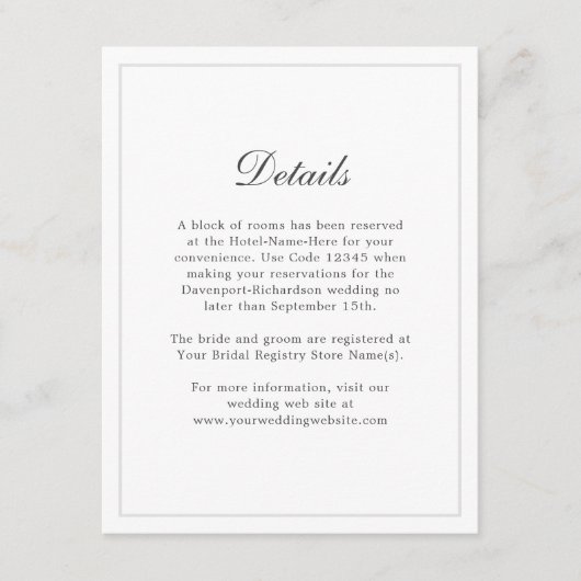 Classic Simple Elegant Wedding Details Begleitkarte (Vorderseite)