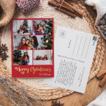 Classic Simple Five Foto Frohe Weihnachtsgolden Folien Feiertagspostkarte<br><div class="desc">Feiern Sie die Saison mit dieser einzigartigen, klassischen, roten 5 Foto Merry Christmas golden Folie Urlaub Postkarte mit einer Touch von Vintagem Charme. Das minimalistische Design zeigt eine elegante Rot- und Goldpalette, die den gemütlichen Geist des Winters widerspiegelt. Seine moderne Anziehungskraft, gepaart mit der traditionellen Formulierung, schafft ein perfektes Gleichgewicht...</div>
