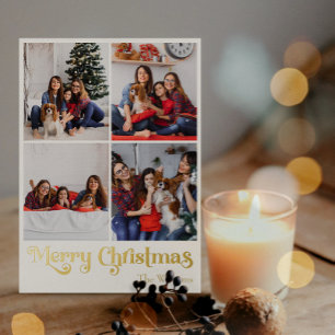 Classic Simple Four-Foto Merry Christmas Gold Folien Feiertagskarte