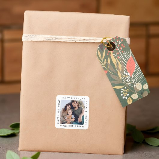 Classic Simple Happy Birthday Family Photo Quadratischer Aufkleber