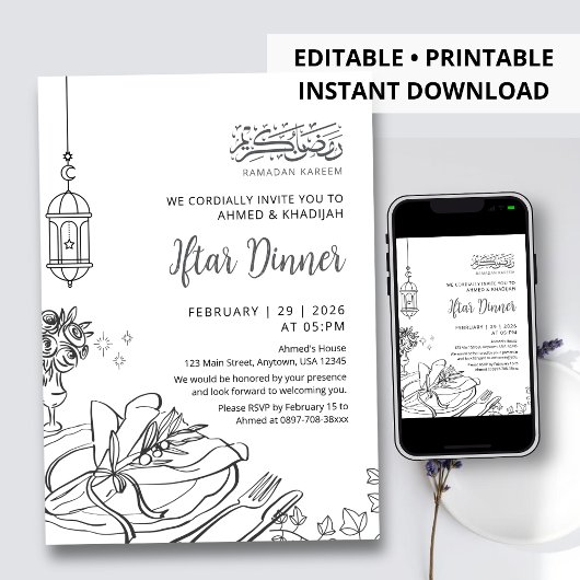 Classic Sketch Table Setting Ramadan Iftar Dinner Einladung