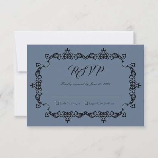 Classic Slate Blue Ornately Framed Wedding RSVP Karte (Vorderseite)