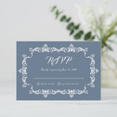 Classic Slate Blue Ornately Framed Wedding RSVP Karte (Stehend Vorderseite)