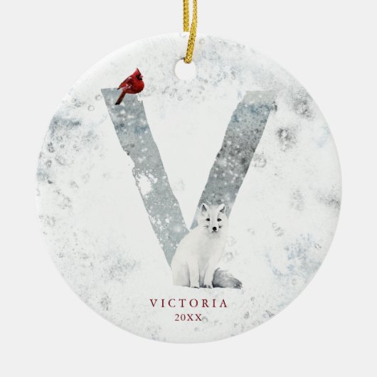 Classic Snowy Christmas Winter Scene Monogram V Keramik Ornament (Vorne)