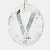 Classic Snowy Christmas Winter Scene Monogram V Keramik Ornament (Links)