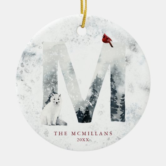 Classic Snowy Weihnachts Winter Scene Monogram M Keramik Ornament (Vorne)