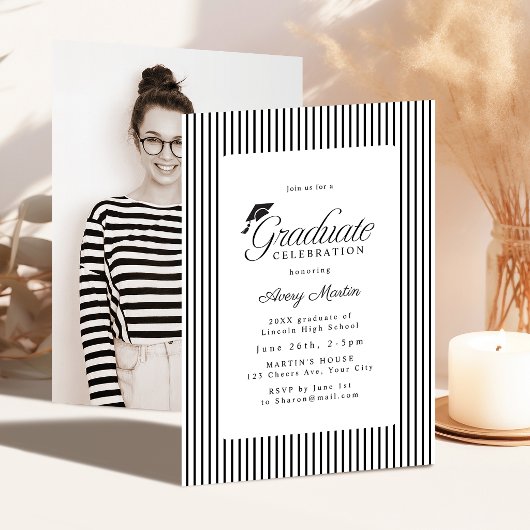 Classic Striped Elegance Script Photo Graduation Einladung