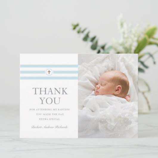 Classic Stripes Foto Blaue Taufe Dankeskarte (Stehend Vorderseite)