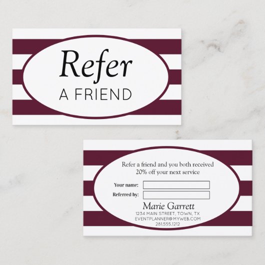 Classic Stripes Maroon Refer a Friend Empfehlungskarte (Vorne/Hinten)