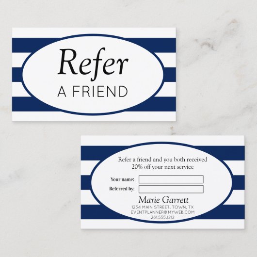 Classic Stripes Navy Refer a Friend Empfehlungskarte (Vorne/Hinten)