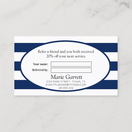Classic Stripes Navy Refer a Friend Empfehlungskarte (Rückseite)