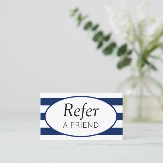 Classic Stripes Navy Refer a Friend Empfehlungskarte (Stehend Vorderseite)