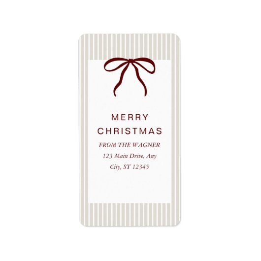 Classic Stripes Red Bow Merry Christmas Adressaufkleber (Vorne)