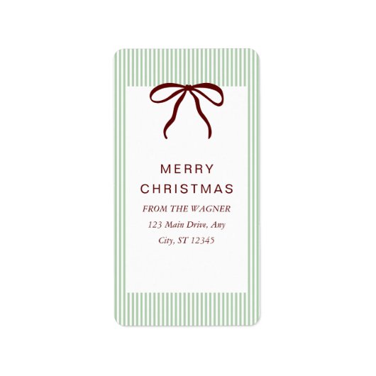 Classic Stripes Red Bow Merry Christmas Adressaufkleber (Vorne)