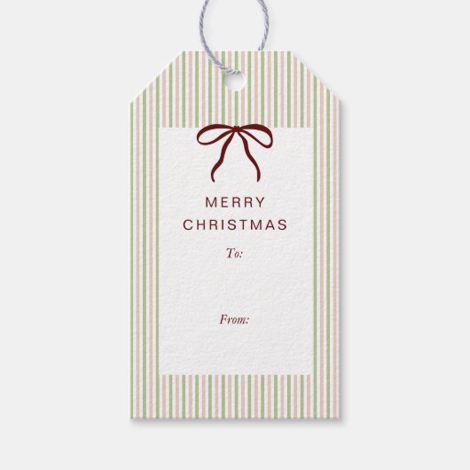 Classic Stripes Red Bow Merry Christmas Geschenkanhänger (Vorderseite)