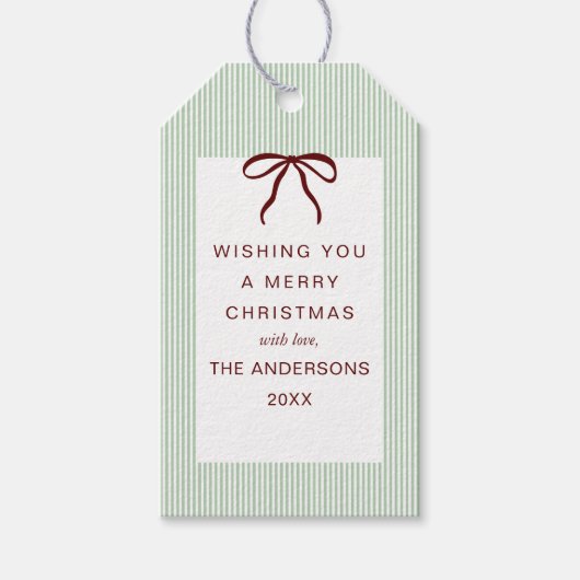 Classic Stripes Red Bow Merry Christmas Geschenkanhänger (Vorderseite)